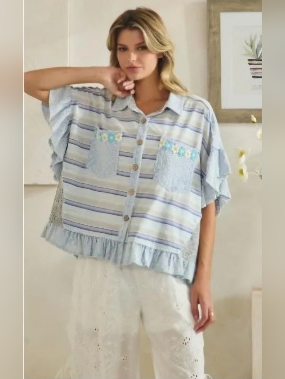 #1530 Oli & Hali Boho Keepsake Mixed Stripe Button-Up Top (Blue)